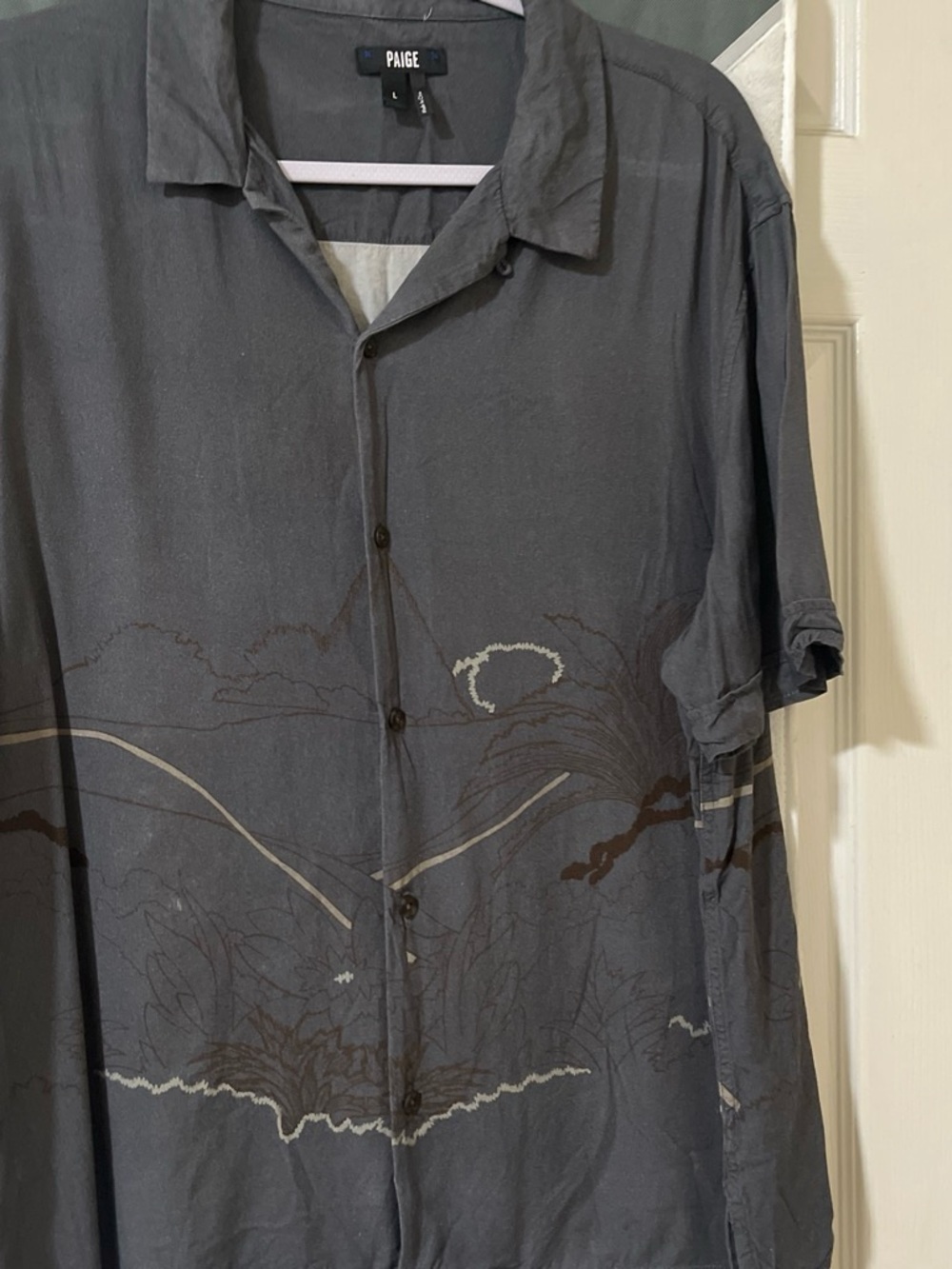 PAIGE Men's Short Sleeve Button-Up Shirt in Slate Gray with Brown Print
